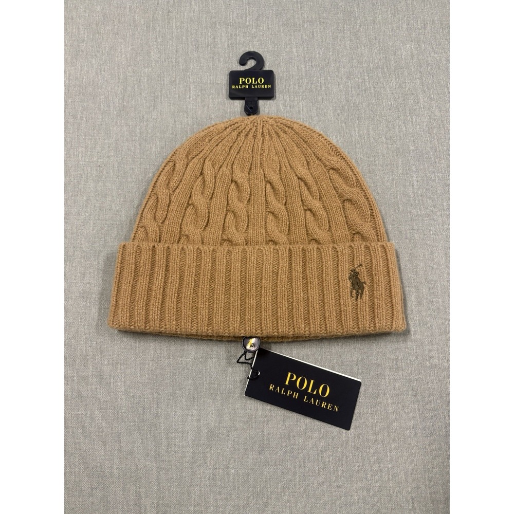Polo Ralph Lauren Cuffed Cable Knit Wool Blend Beanie Caramel Brown O/S NWT